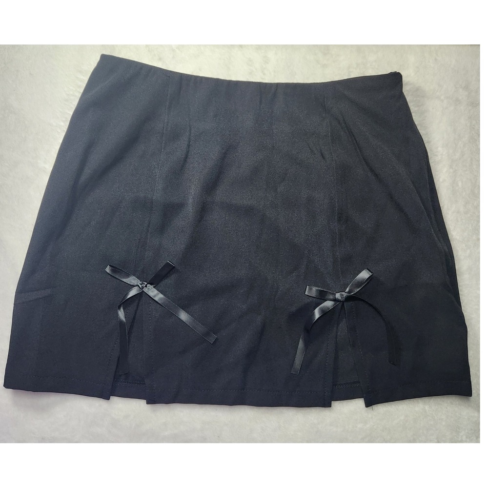 Black Coquette Double Slit Mini Skirt Satin Bows A-Line Side Zip S/M Goth Alt